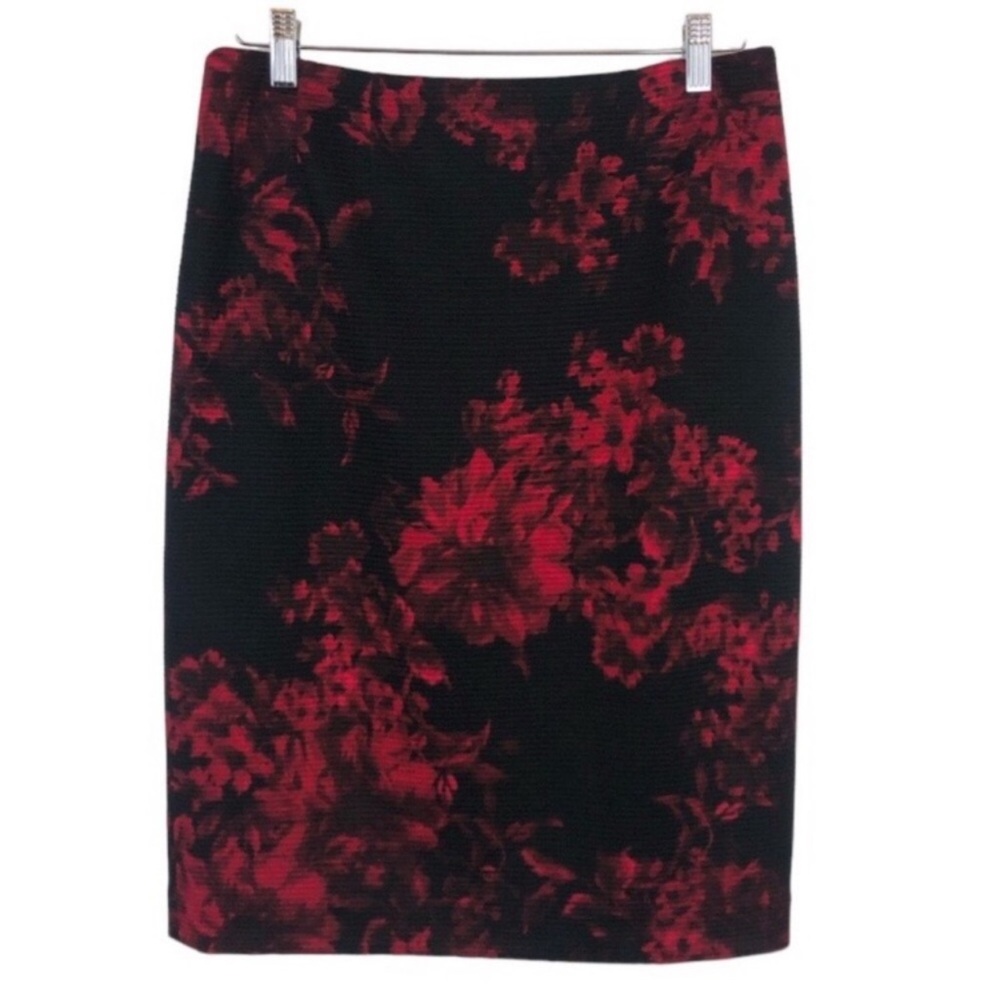 Kasper Black Pencil Skirt with Red Floral Pattern